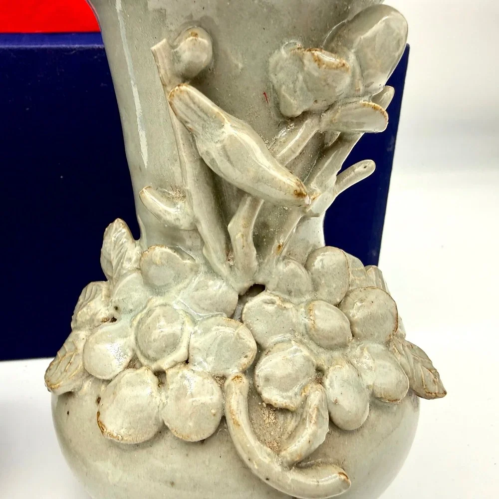 ATQ Pair of Chinese Celadon Crackle Glaze Vases High-Relief Botanical Appliqués